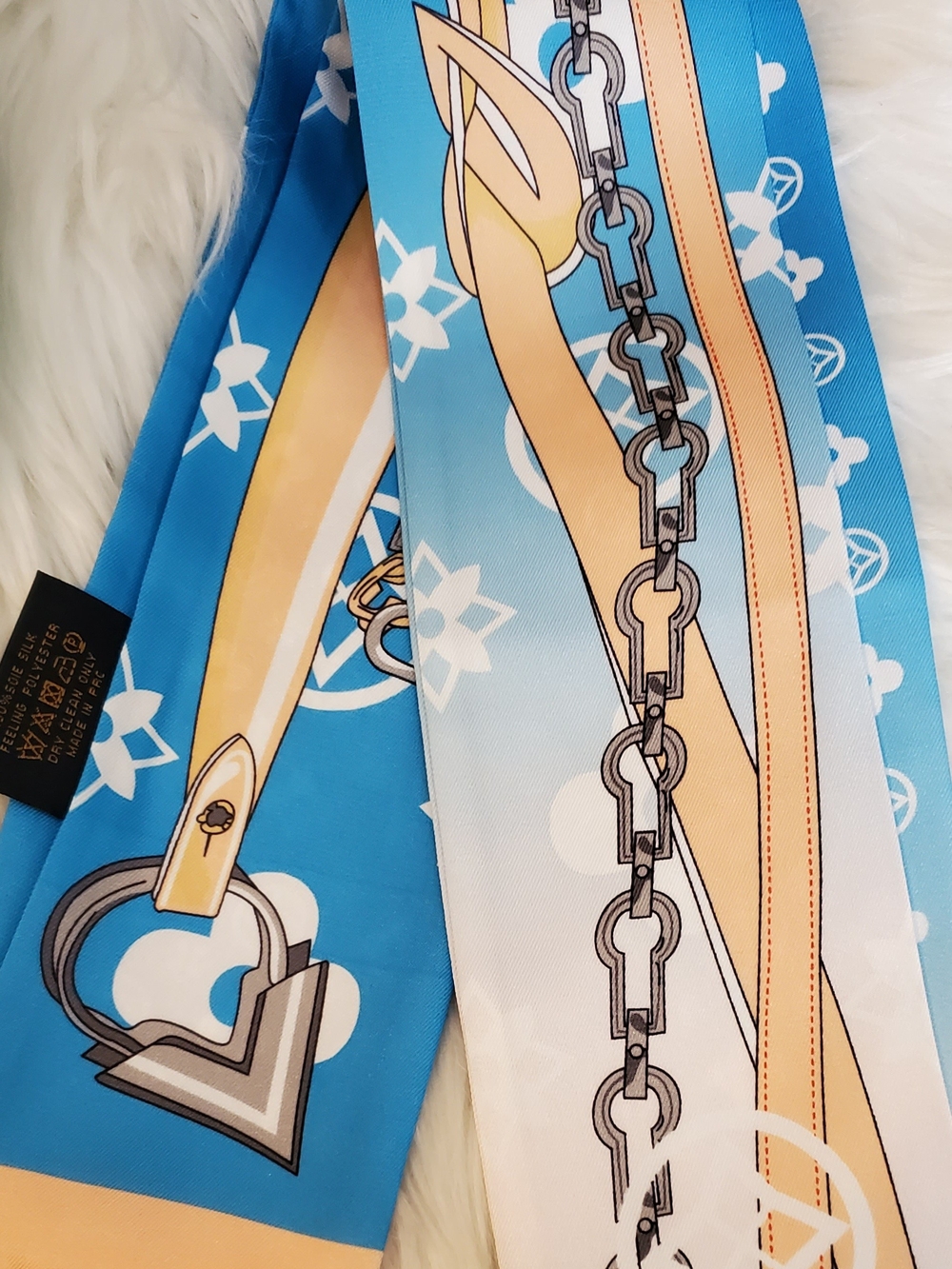 100% Silk Bag Twilly, Blue & Cream Printed Women's Scarf Wrap